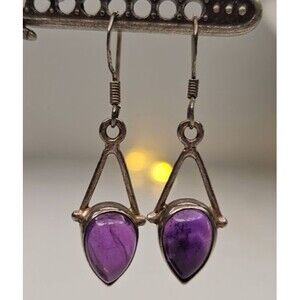 925 Sterling Silver Amethyst Teardrop Dangle Earrings 1 3/4"L x 1/2"W